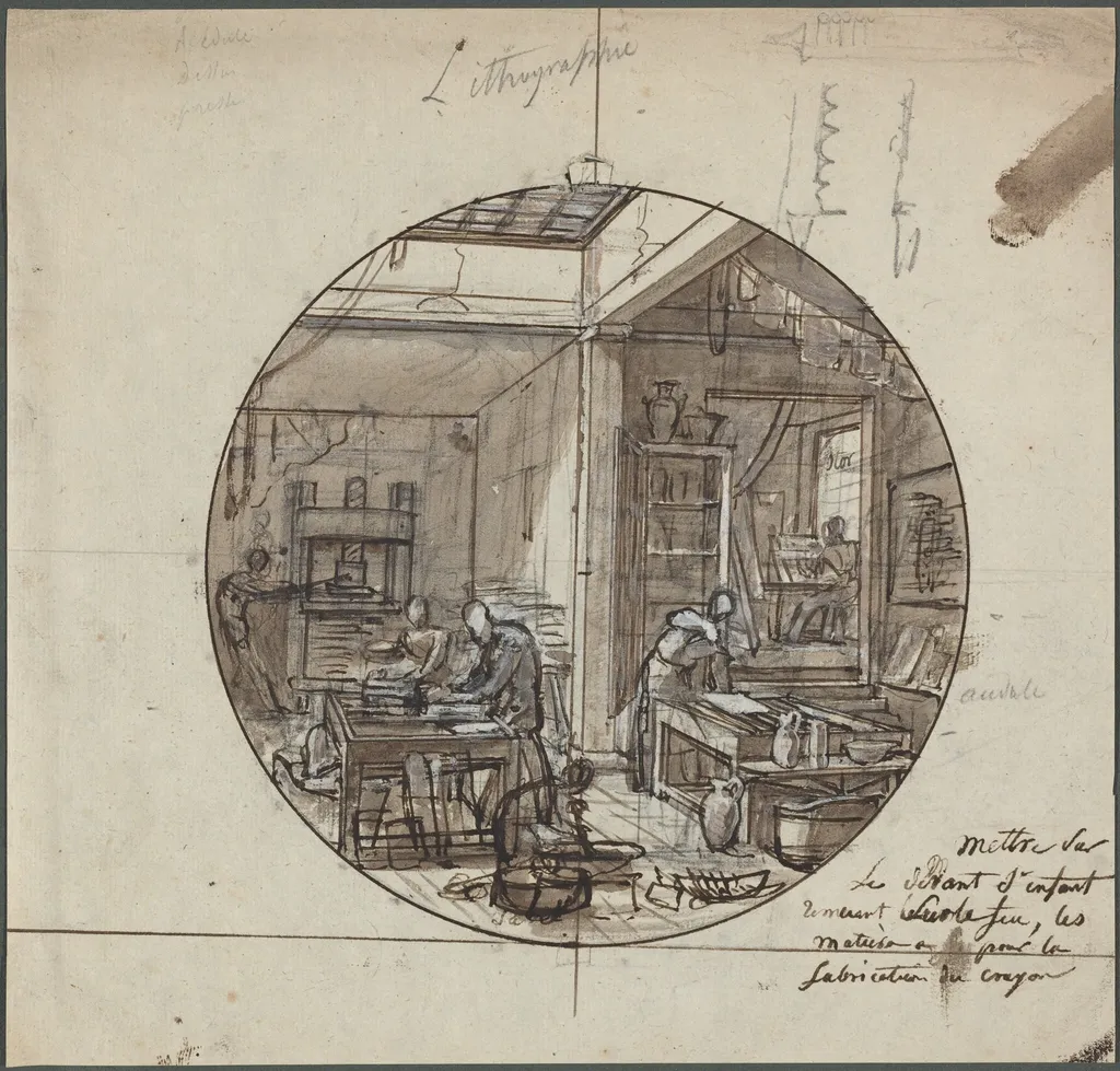 Lithographic Workshop, by Jean Charles Develly, ink, 1828