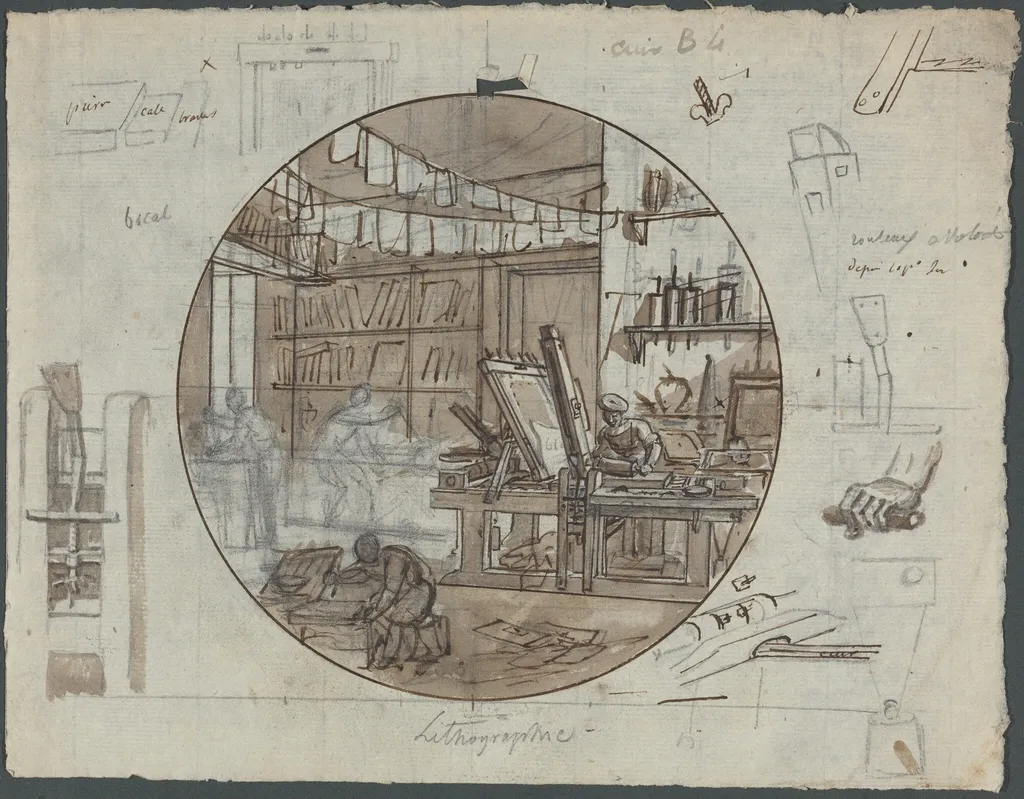 Lithographic Workshop, by Jean Charles Develly, ink, 1826