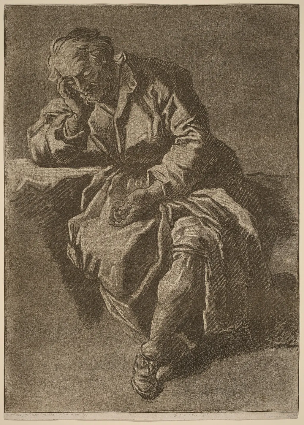 A Seated Elderly Man Asleep, by Jean-Charles François, chalk, 1758