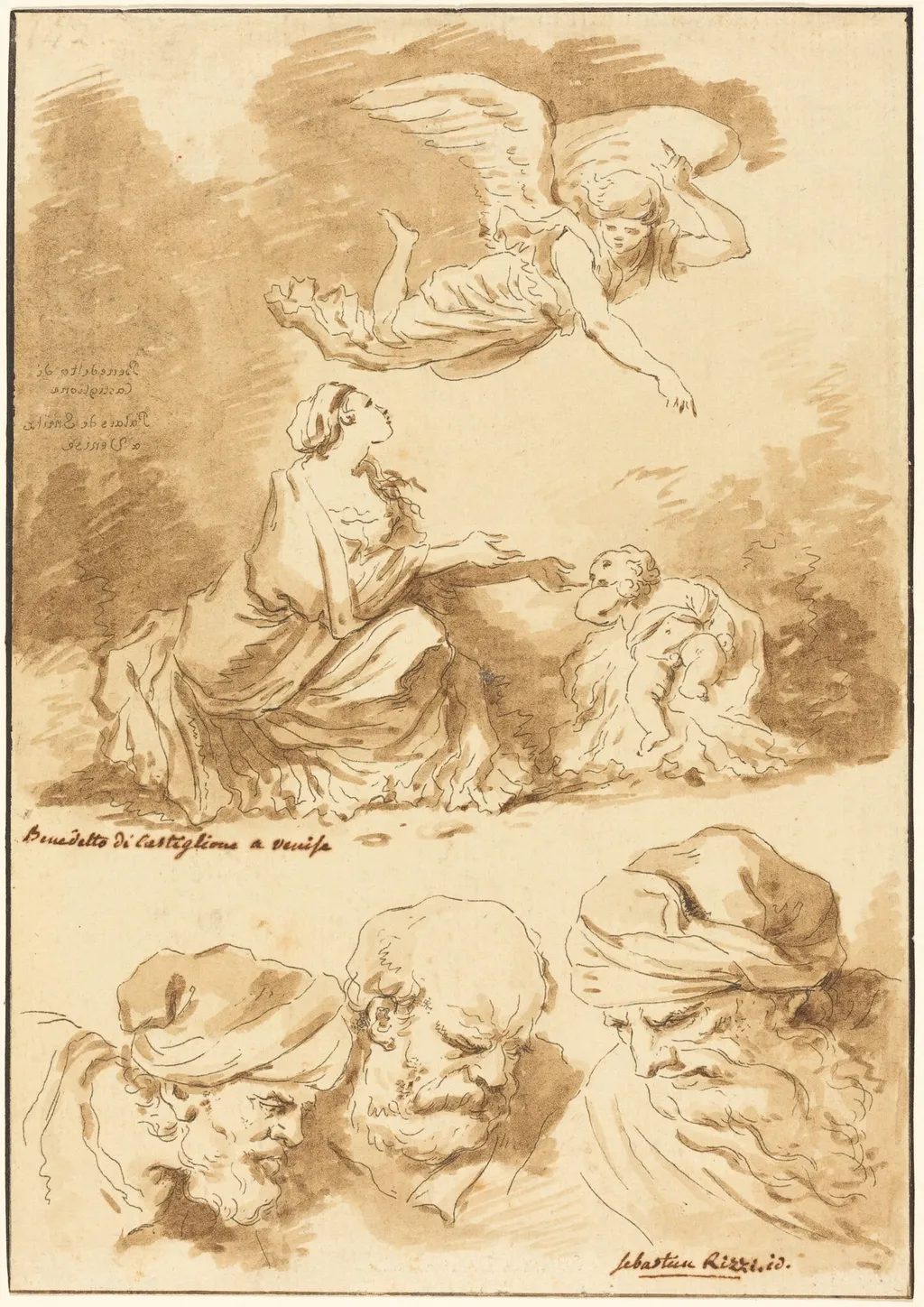 Hagar Consoled by an Angel (from a painting by Castiglione) and Three Heads of Old Men (from a painting by Ricci of Jesus and the Adultress), by Jean-Claude-Richard, Abbé de Saint-Non, ink, 1774