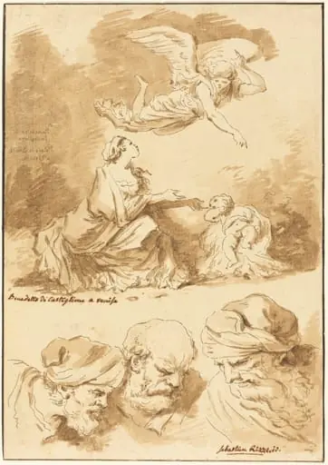 Hagar Consoled by an Angel (from a painting by Castiglione) and Three Heads of Old Men (from a painting by Ricci of Jesus and the Adultress), by Jean-Claude-Richard, Abbé de Saint-Non