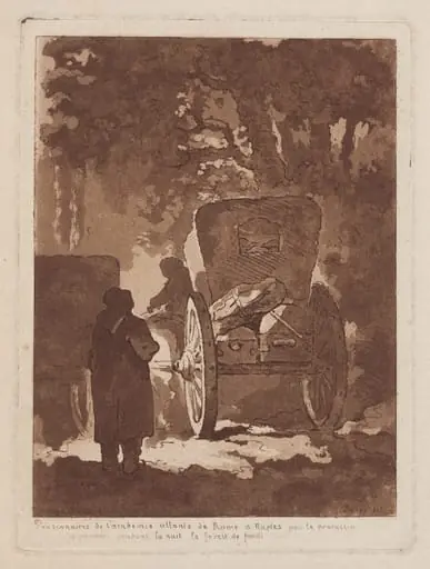 Pensionnaires de l’Académie allants de Rome à Naples par le procaccio et passants pendant la nuit la forest de fondi (Pensionnaires from the French Academy Going from Rome to Naples by Carriage and Passing through a Forest in Fondi during the Night)