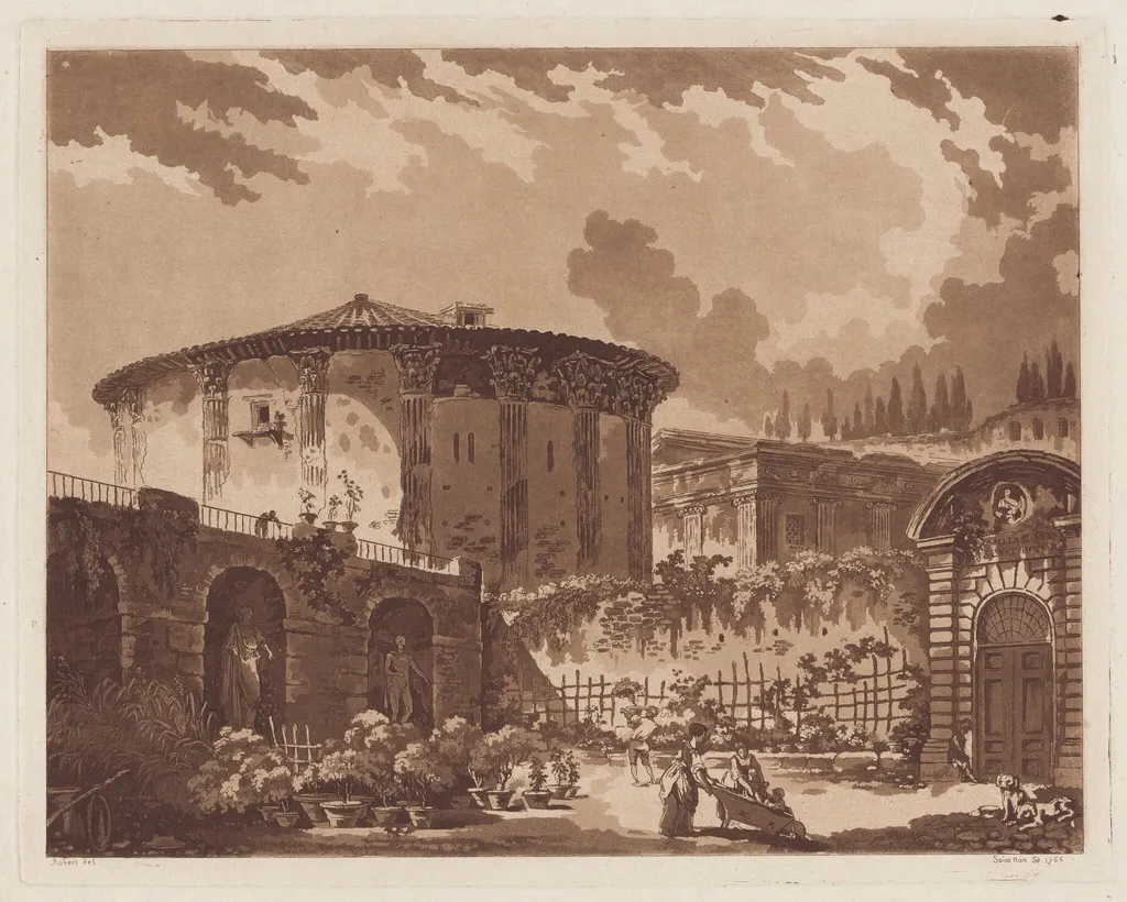View in the Garden of a Roman Villa, with the Temple of Hercules Victor and the Temple of Portunus, by Jean-Claude-Richard, Abbé de Saint-Non, ink, 1766