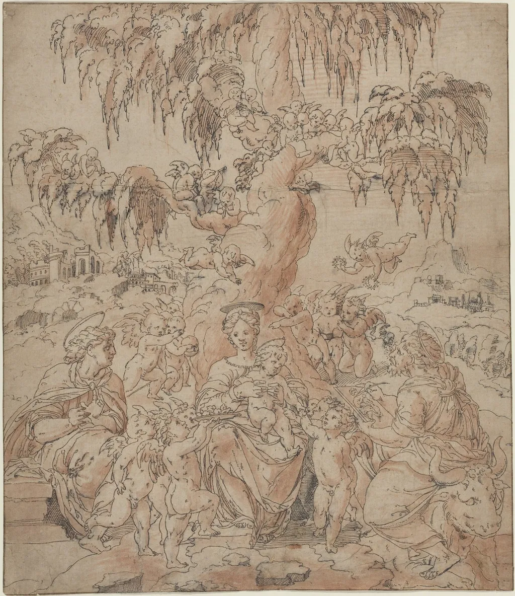 Madonna and Child with Saints John and Luke, by Jean Cousin the Younger, ink, 1558