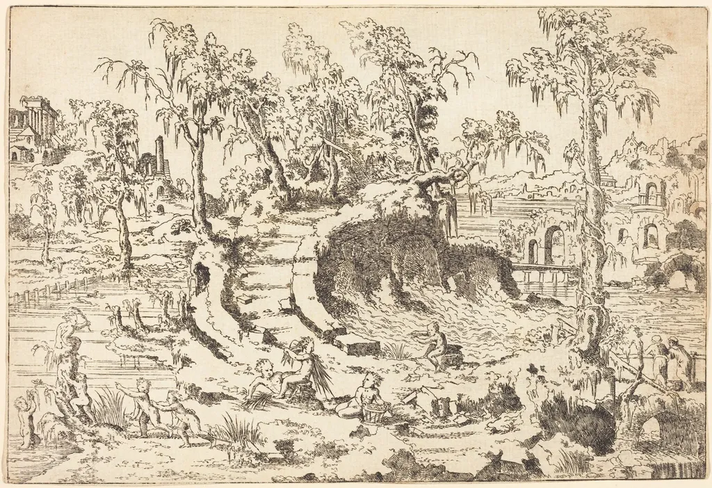 Putti Playing in a Fanciful Landscape, by Jean Cousin the Younger, ink, 1558