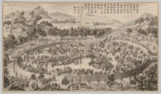 Chieftain Wushe Surrendering the City: from Battle Scenes of the Quelling of the Rebellions in the Western Regions, with imperial Poems