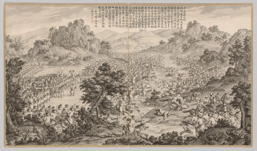 Great Victory at Hu'erman: from Battle Scenes of the Quelling of Rebellions in the Western Regions, with Imperial Poems, by Jean Damascene Sallusti, 1770