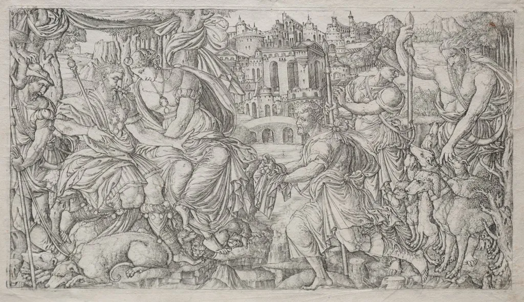 Huntsman Presenting a Gift to a King, by Jean Duvet, 1551