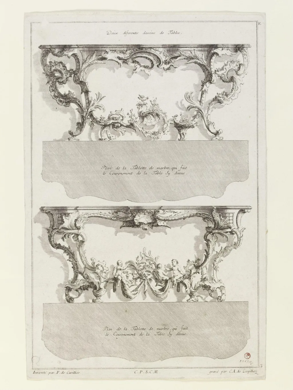 Ornament print showing a pair of console tables, by Jean Francois de Cuvilliés, 1750