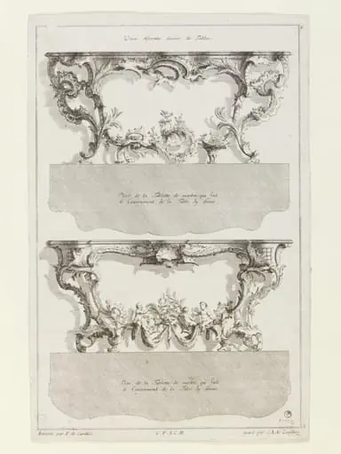 Ornament print showing a pair of console tables, by Jean Francois de Cuvilliés