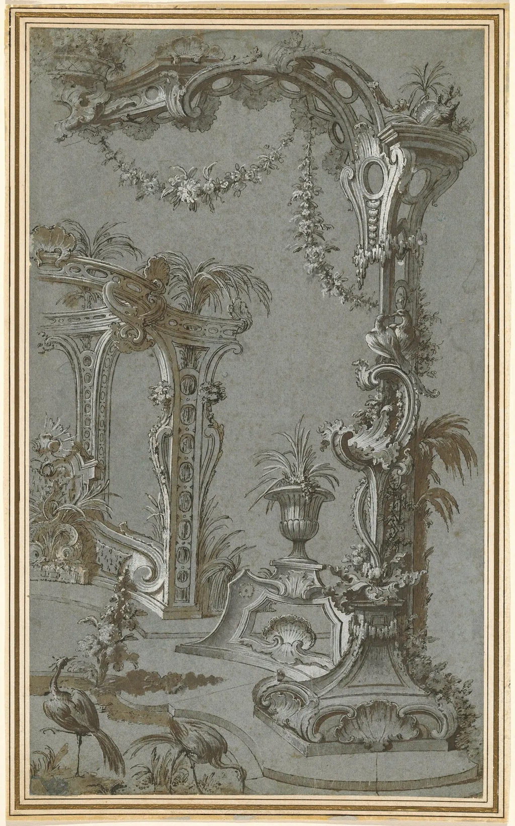A Rococo Garden Trellis and Gazebo, by Jean-François de Cuvilliés I, ink, 1750