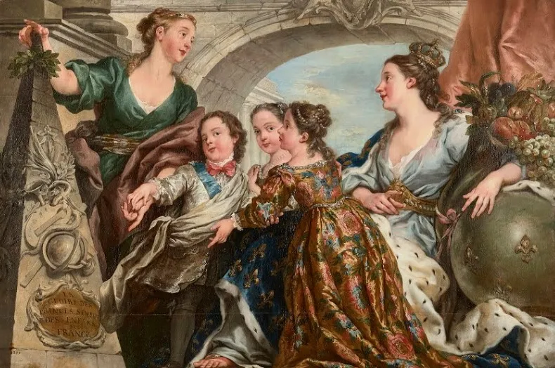 Glory of the Princes takes the Princes and Princesses of the Realm, by Jean-François de Troy, oil, 1734