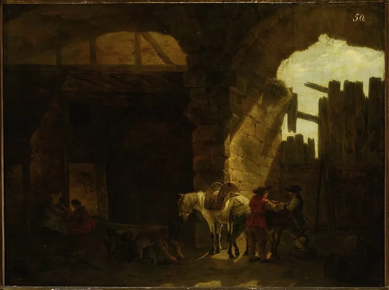 Scene in ruins (Departure to the marketplace), by Jean-François Legillon, oil, 1775