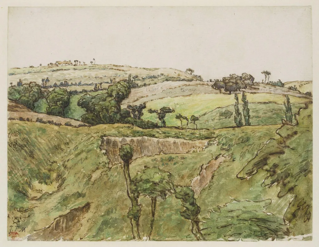 A hilly landscape with trees, by Jean François Millet, watercolor, 1867