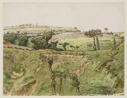 A hilly landscape with trees, by Jean François Millet