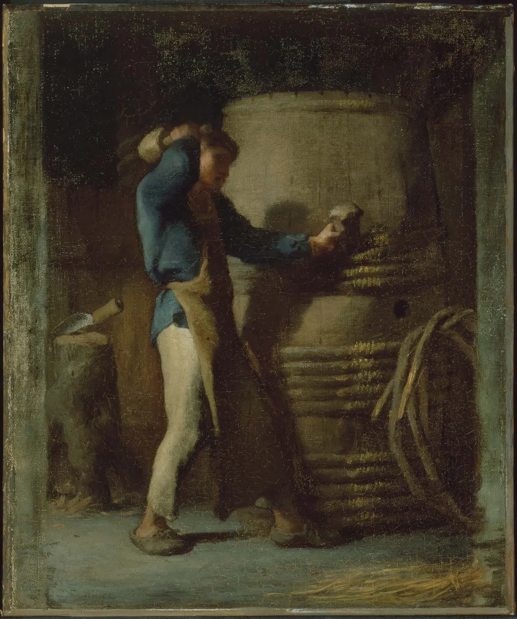 Cooper Tightening Staves on a Barrel, by Jean François Millet, oil, 1850