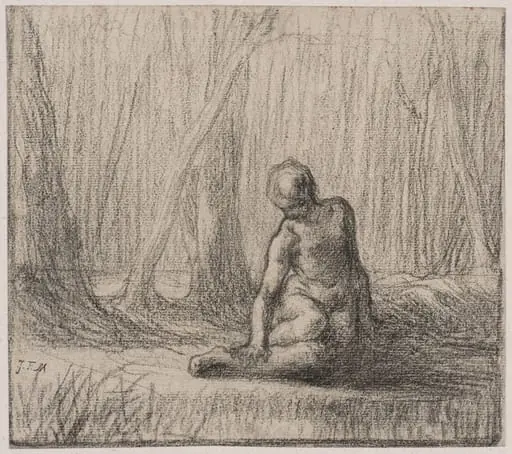 Female nude in a forest landscape, by Jean François Millet