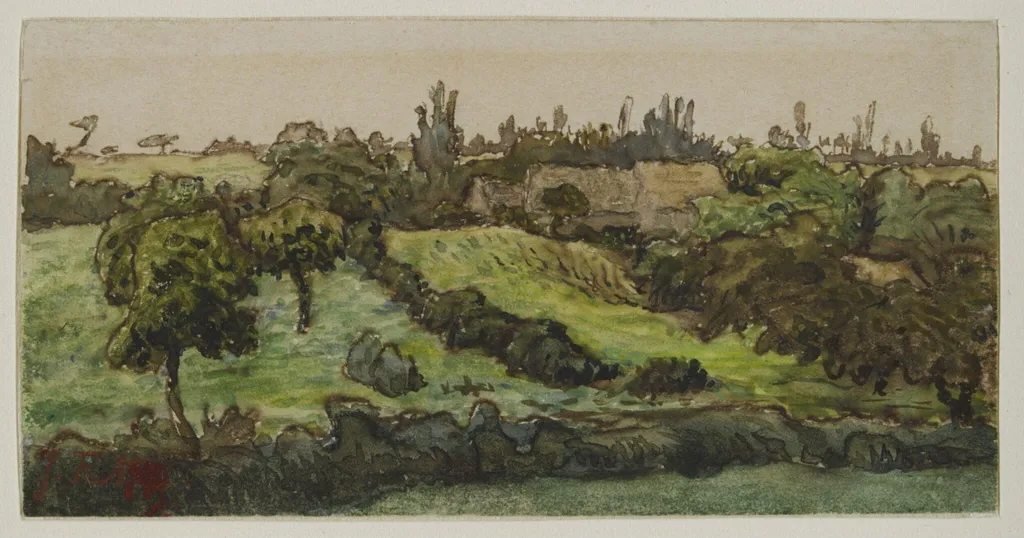 Landscape with farm buildings, by Jean François Millet, watercolor, 1867