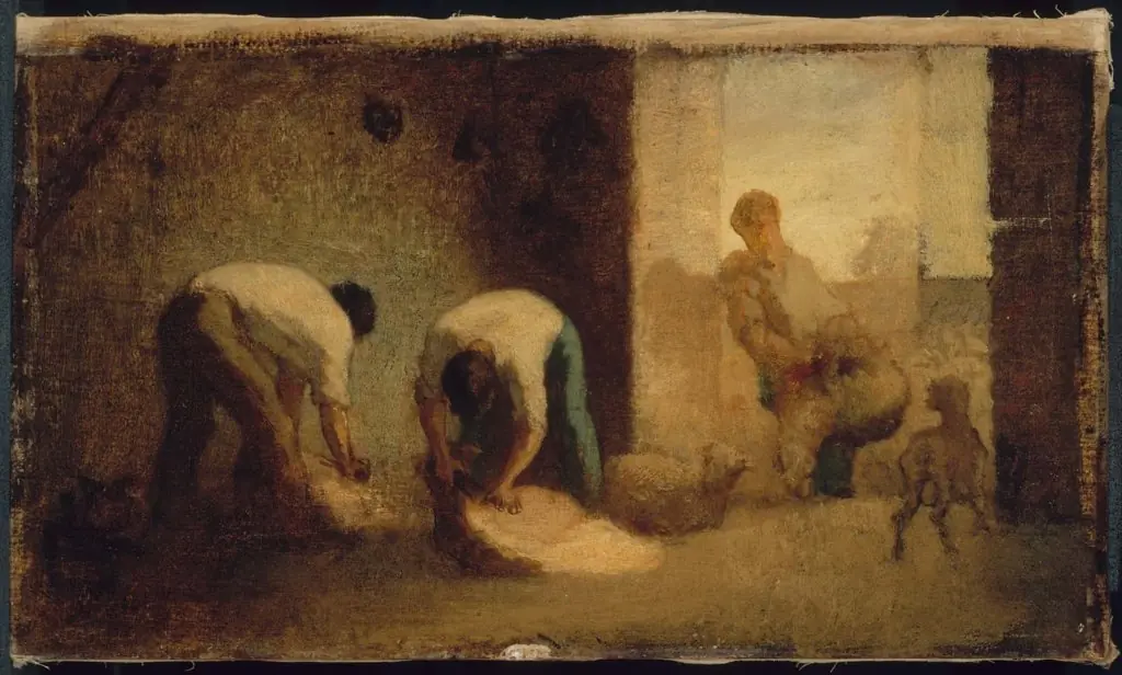 Three Men Shearing Sheep in a Barn, by Jean François Millet