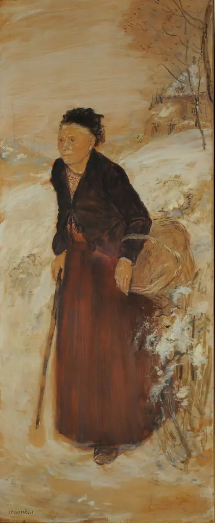 Old woman in snow, by Jean-François Raffaëlli