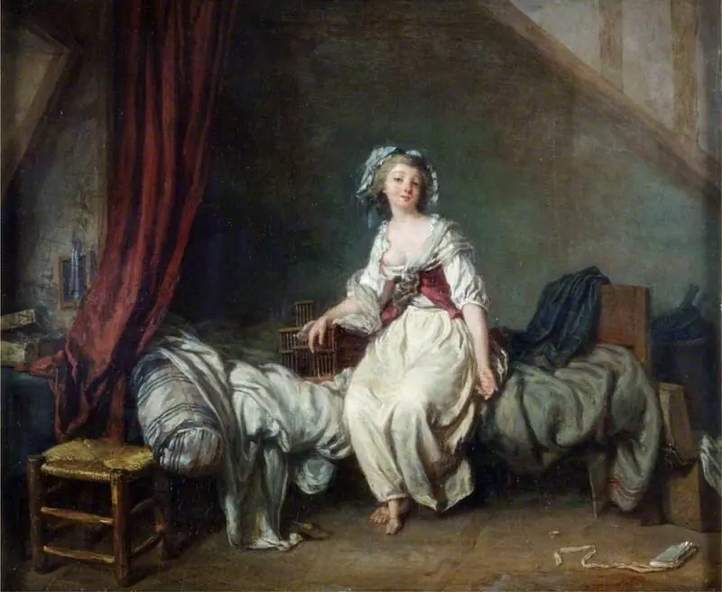 Girl with a Birdcage Seated on a Bed, by Jean-Frédéric Schall