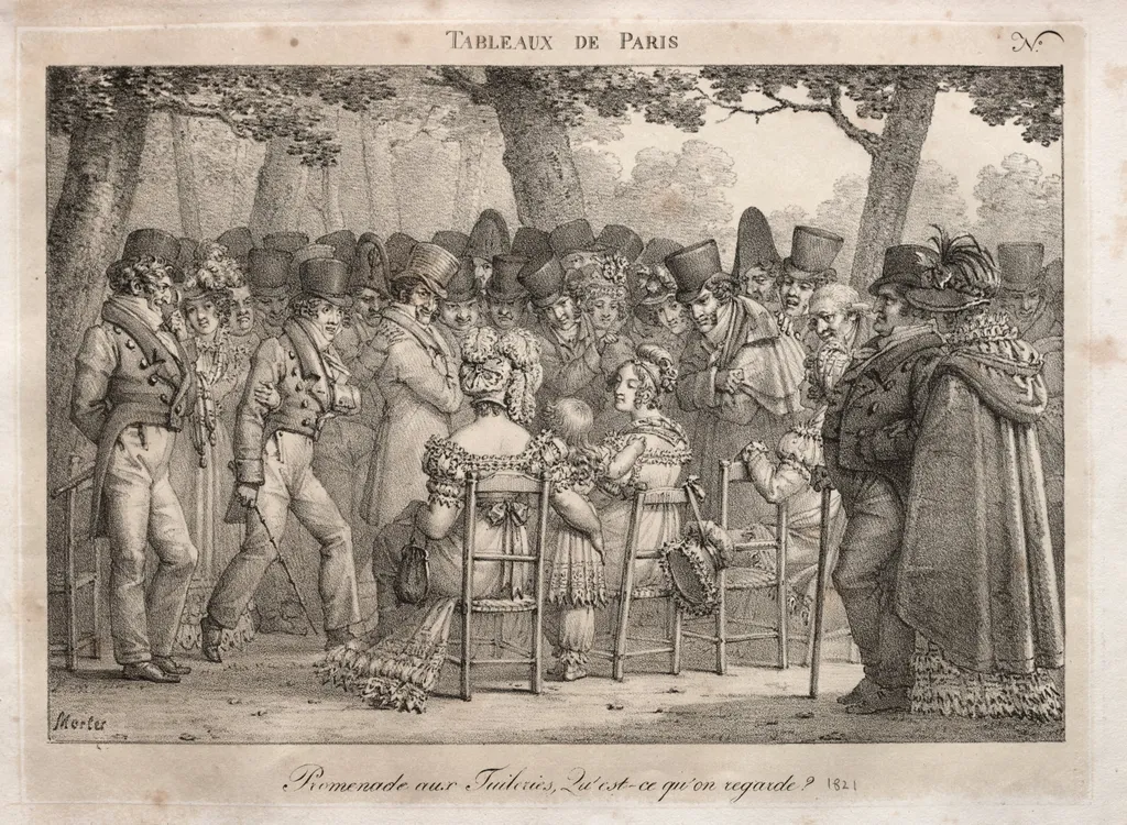 Promenade in the Tuileries. What are they looking at?, by Jean Henri Marlet, 1824