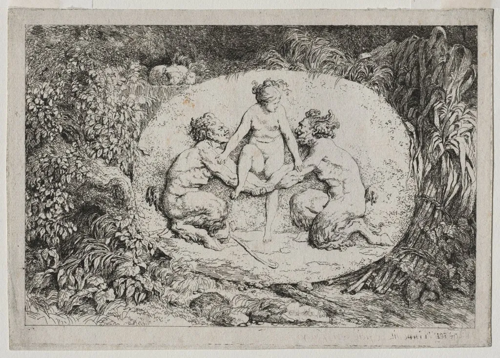 Bacchanales: Nymph Supported by Two Satyrs, by Jean Honoré Fragonard, 1763