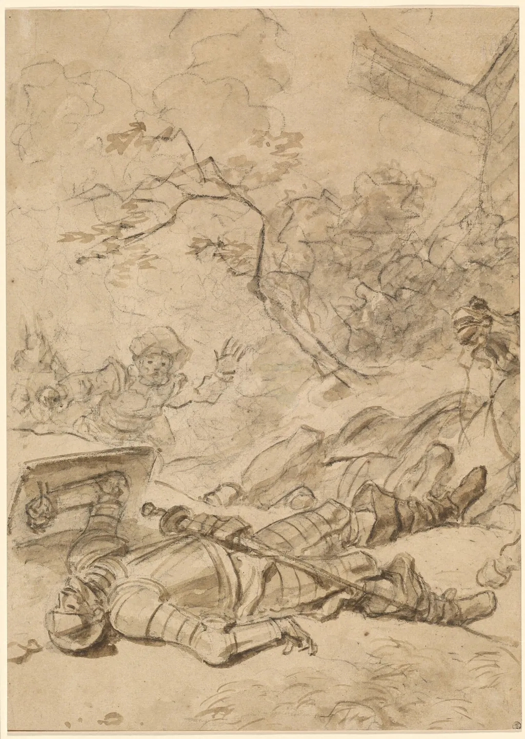 Don Quixote Defeated by the Windmill, by Jean Honoré Fragonard, charcoal, 1784