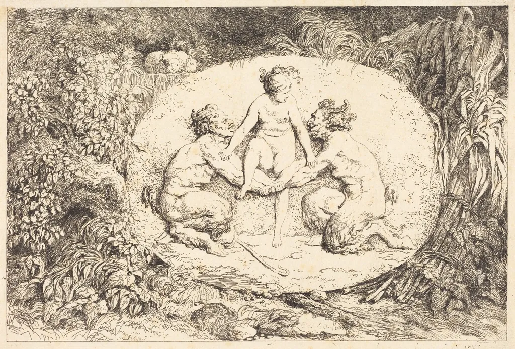 Nymph Supported by Two Satyrs (Nymphe s'asseyant sur les mains de deux satyres), by Jean Honoré Fragonard, ink, 1763