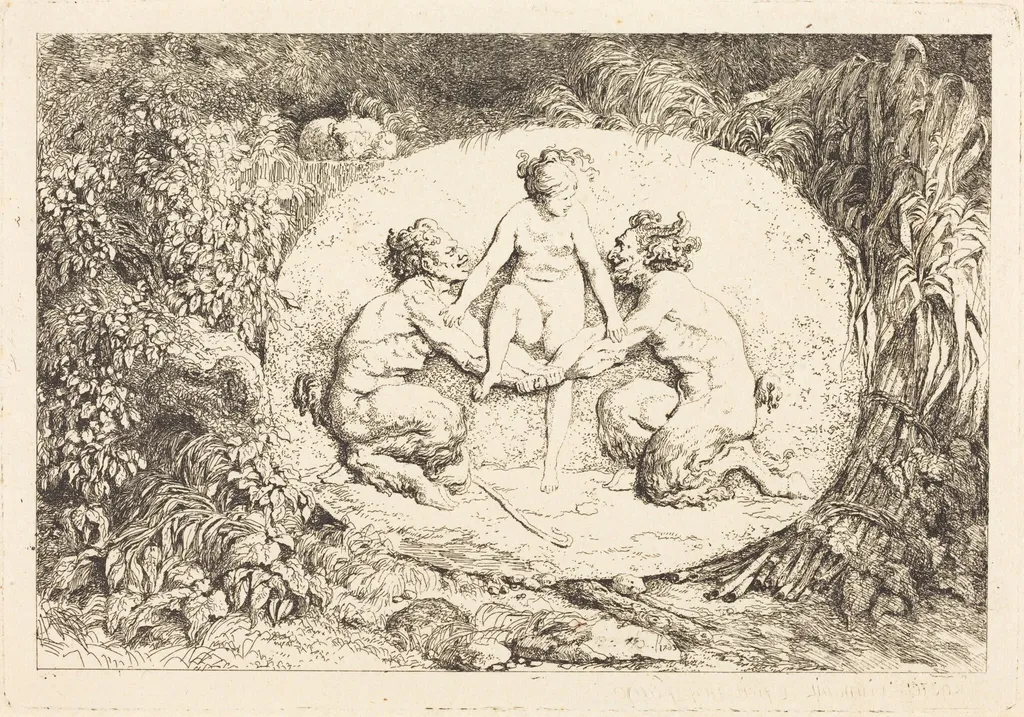 Nymph Supported by Two Satyrs (Nymphe s'asseyant sur les mains de deux satyres), by Jean Honoré Fragonard, ink, 1763