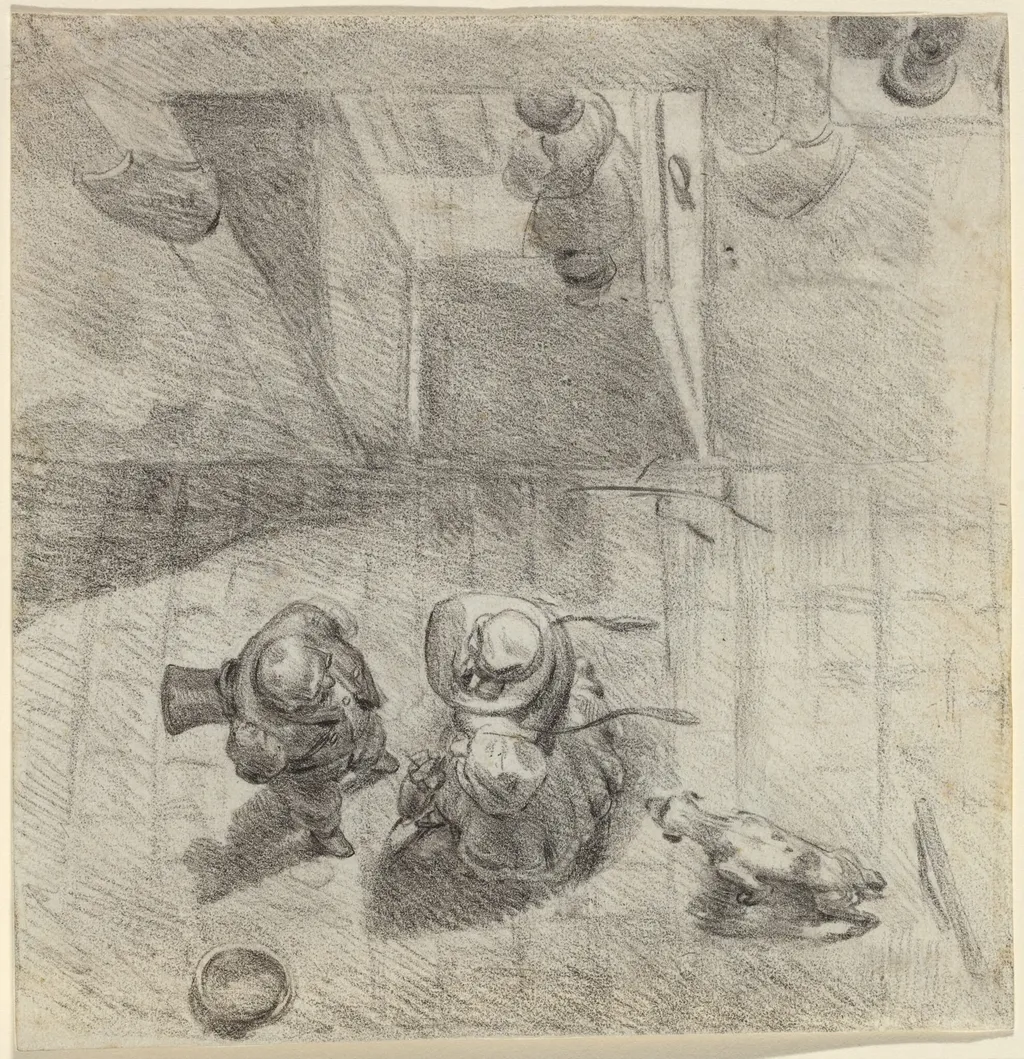 Bird's Eye View of a Man and Woman Conversing, by Jean-Ignace-Isidore Grandville, graphite, 1830