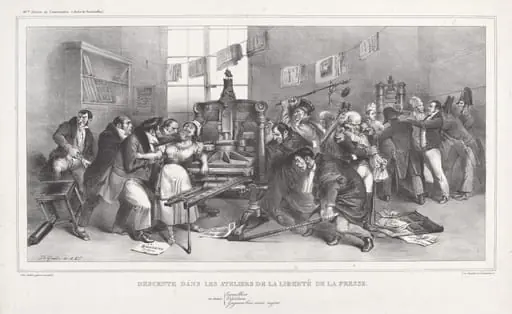 Descente dans les Ateliers de la Liberté de la presse (Raid on the Workshops of the Freedom of the Press), by Jean-Ignace-Isidore Grandville