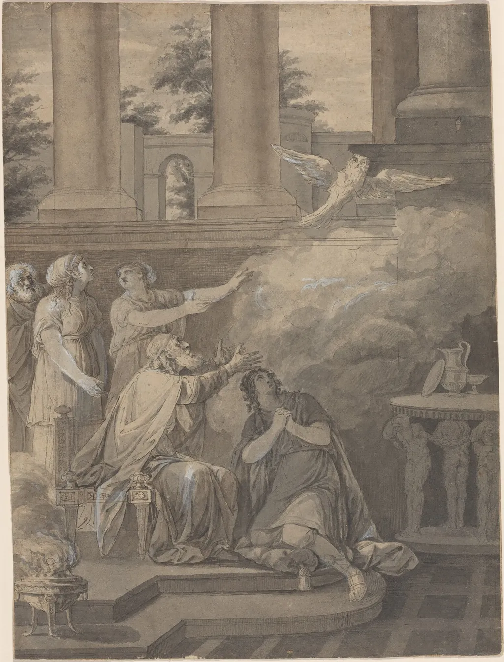 Pallas Athene in the Form of a Bird Leaving Nestor and Telemachus, by Jean-Jacques-François Le Barbier I, ink, 1780