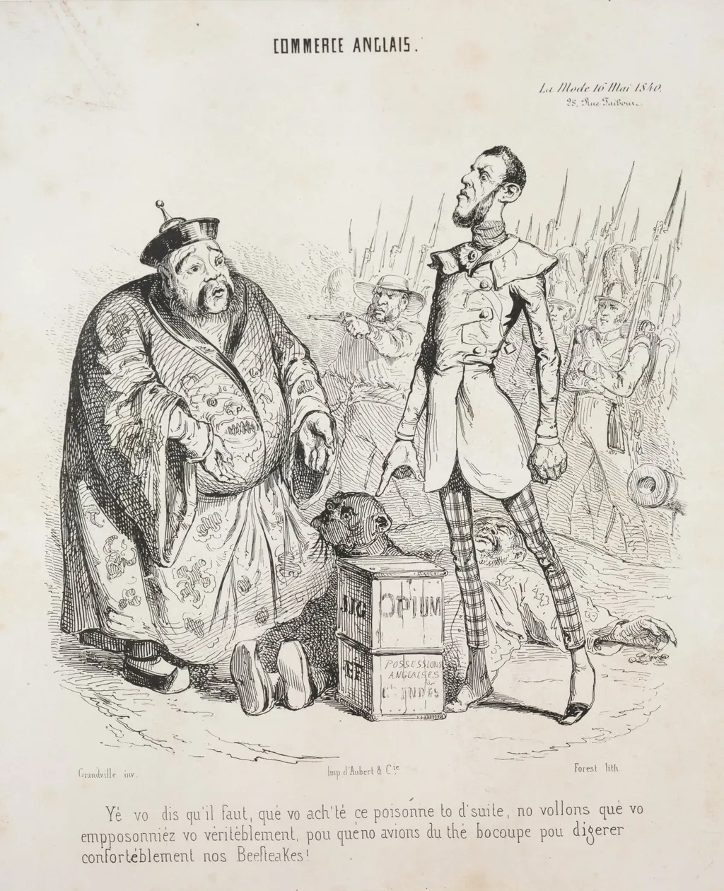 Commerce anglais. Yé vo dis qu'il faut, que vo ach'te ce poisonne to d'suite, no vollons que vo empposonniez vo véritéblement, pou que'no avions du thé bocoupe pou digerer conforteblément nos Beefteakes!, by Jean-Jacques Grandville, 1840
