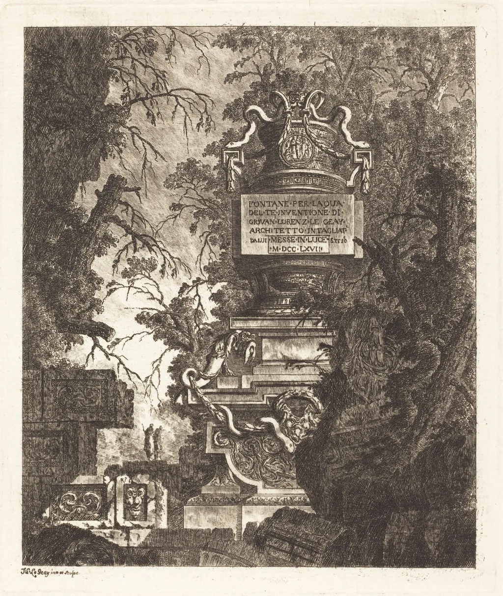 Frontispiece for "Fountains", by Jean-Laurent Legeay, ink, 1768