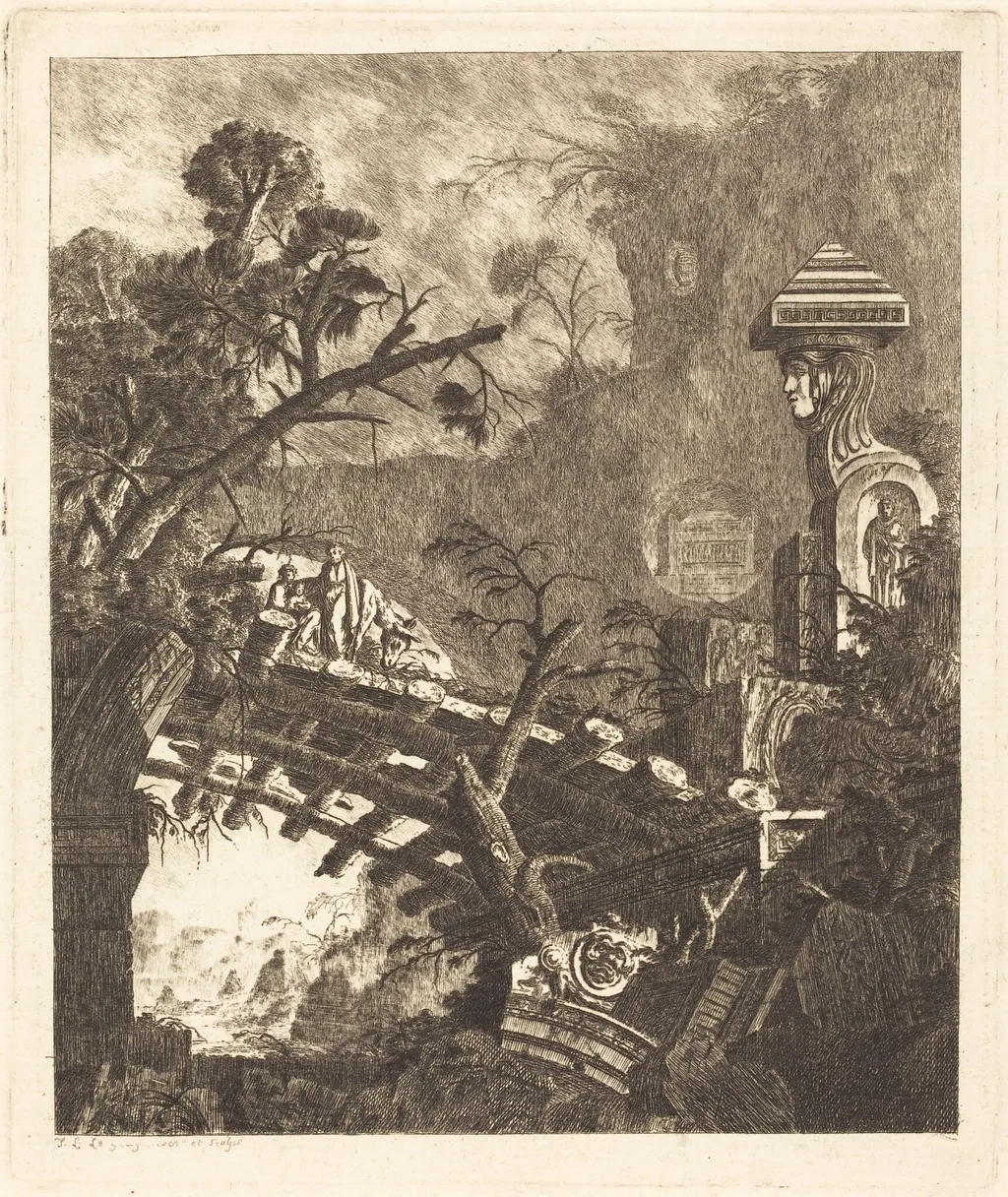 The Flight into Egypt, by Jean-Laurent Legeay, ink, 1768
