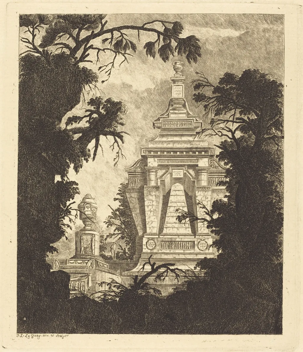 Tomb with Funerary Urn, by Jean-Laurent Legeay, ink, 1768