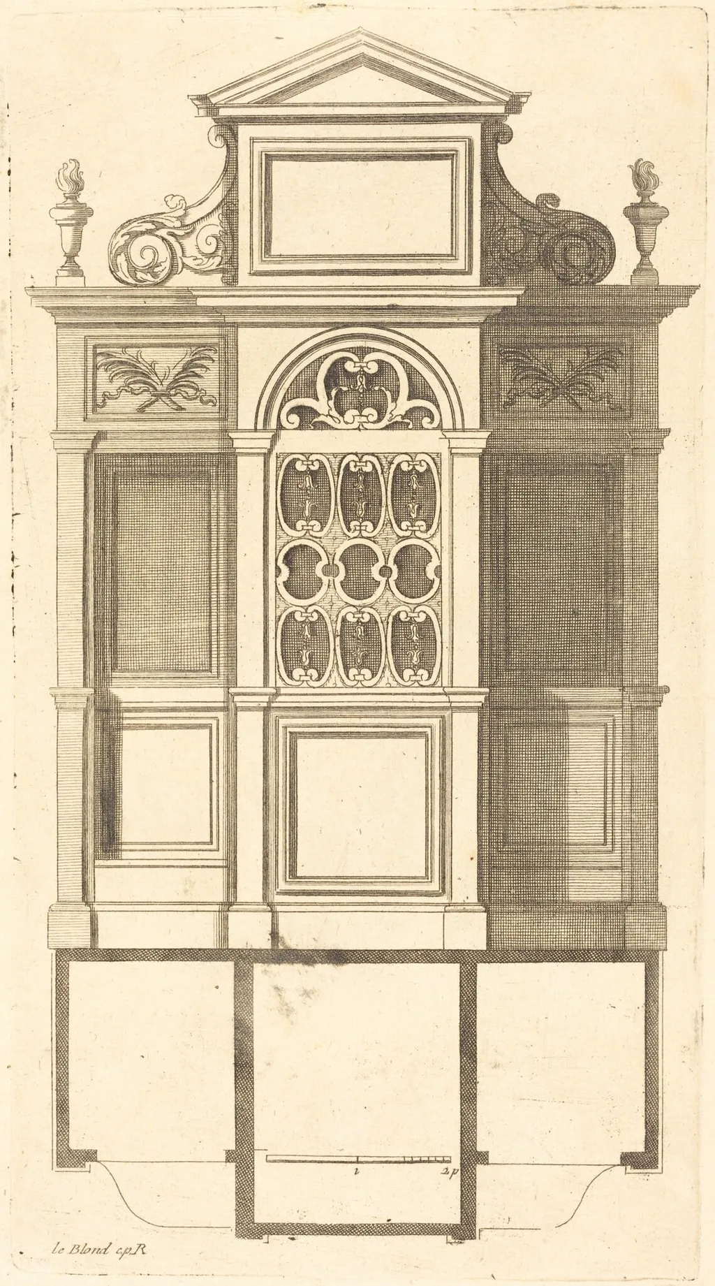 Plan et elevation des plus beaux confessionnaux de Paris, tres fidelemant mesure, by Jean Le Blond, ink, 1688
