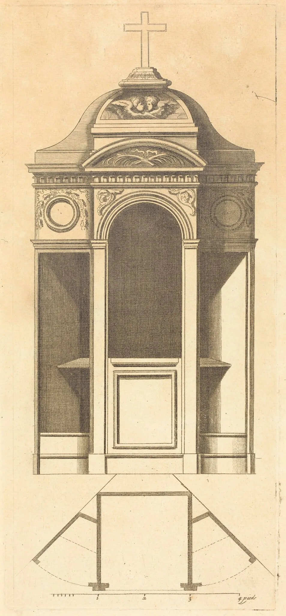 Plan et elevation des plus beaux confessionnaux de Paris, tres fidelemant mesure, by Jean Le Blond, ink, 1688