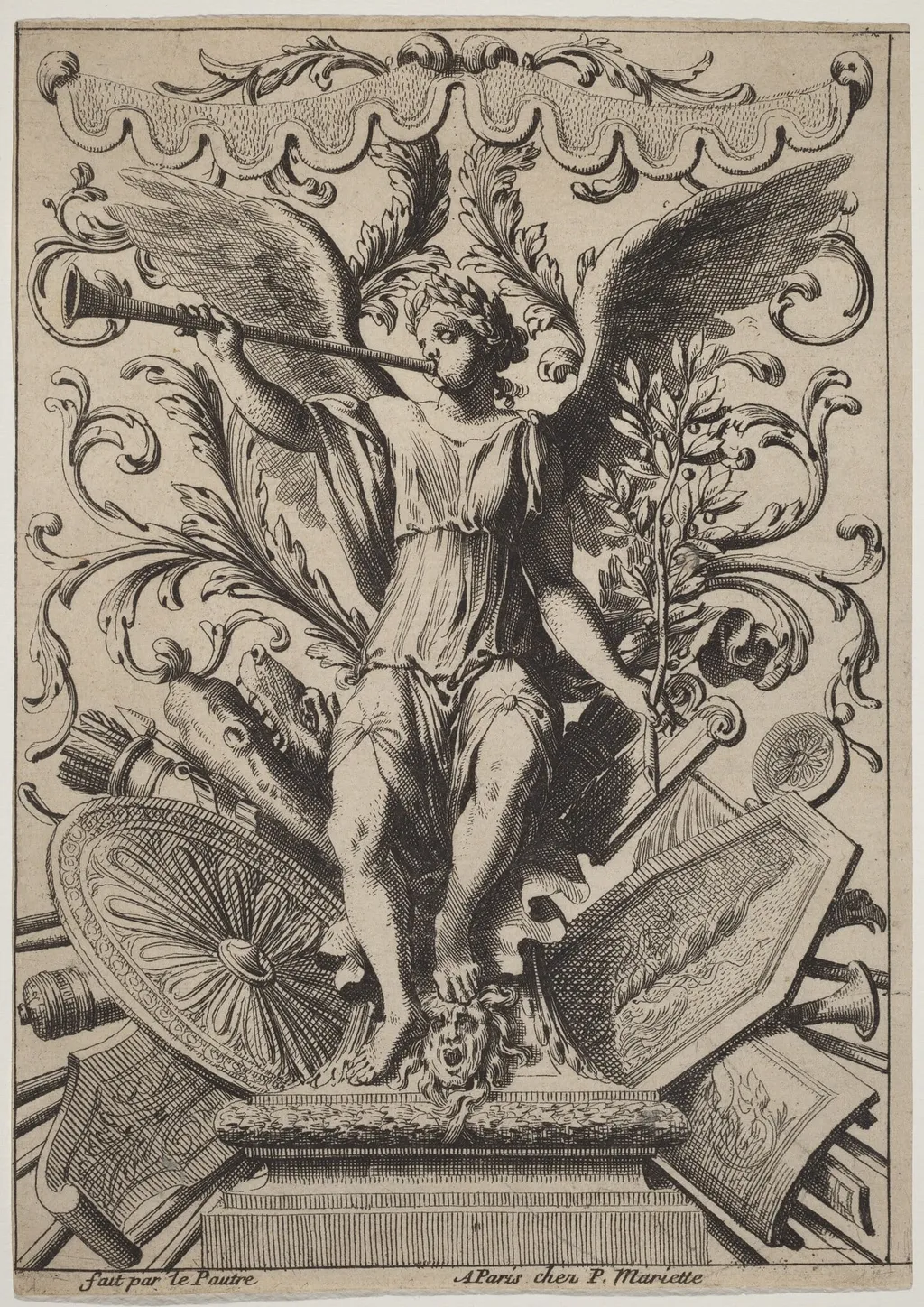 Fame on a Trophy of Arms, by Jean Lepautre, ink, 1650