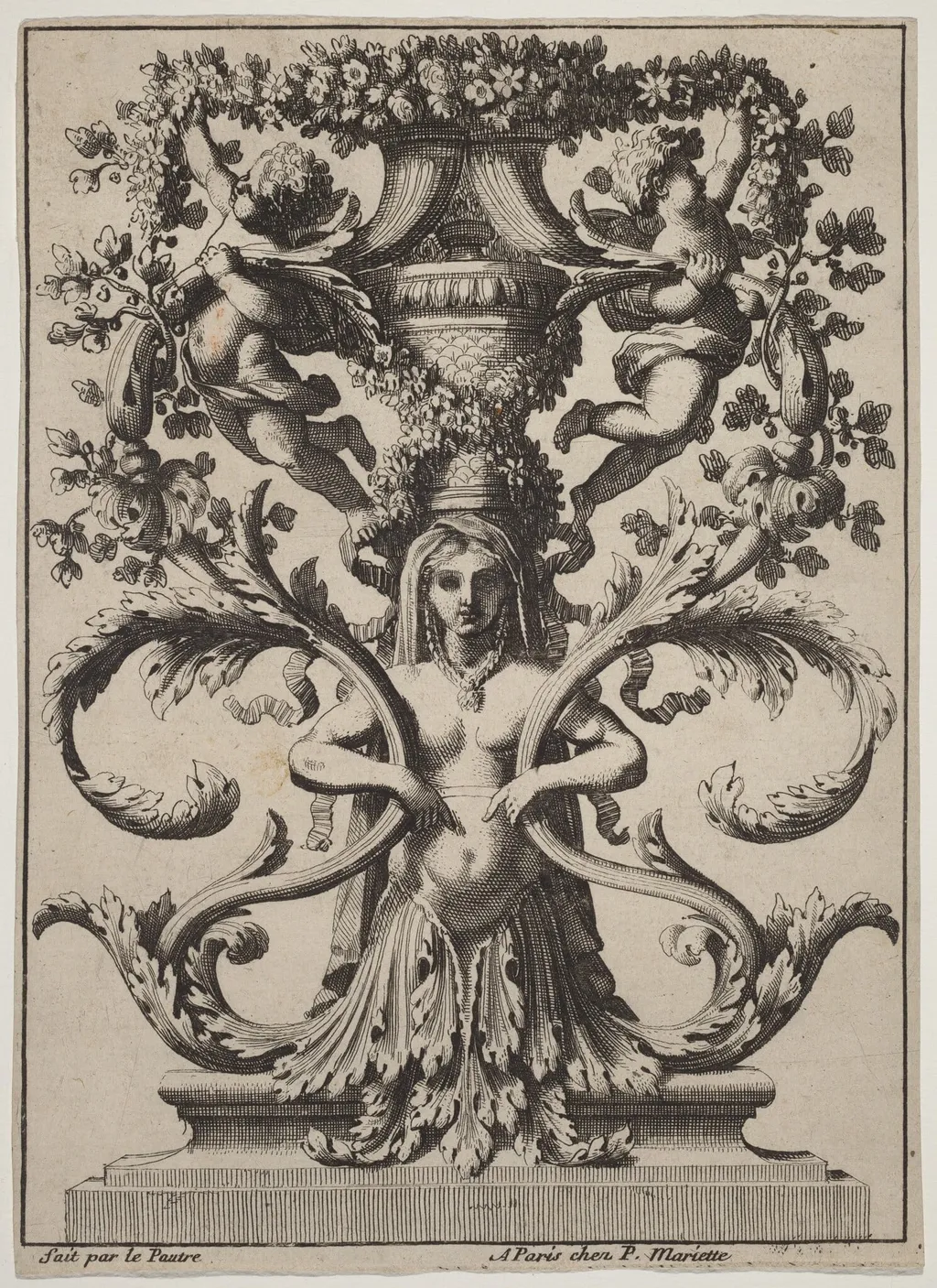 Ornament with a Woman Turning to Foliage, by Jean Lepautre, ink, 1650