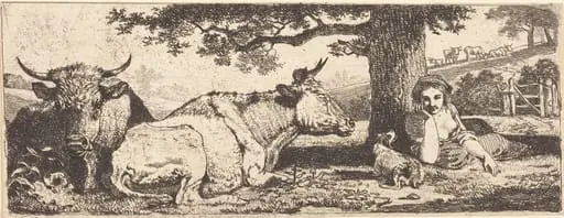Two Cows and a Woman Lying Down, by Jean-Louis Demarne