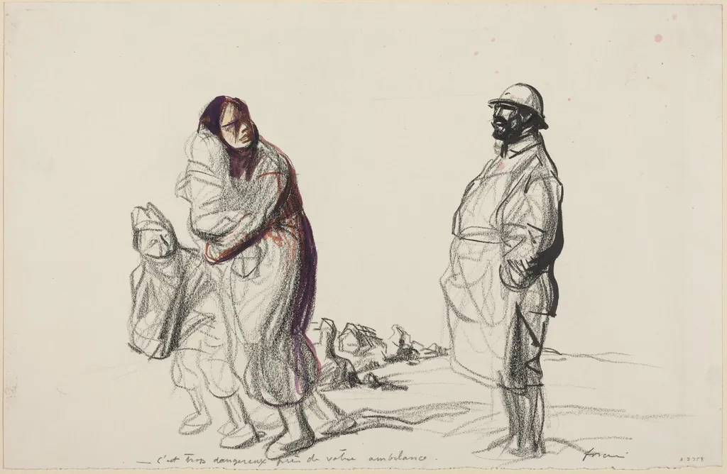 a) C'est trop dangereux pres de votre ambulance (recto); b) Study of Mother and Children (verso), by Jean-Louis Forain, ink, 1916