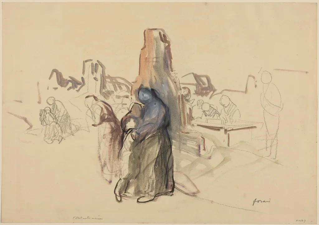 a) C'etait notre maison (recto); b) Refugees in a Landscape (verso), by Jean-Louis Forain, watercolor, 1916