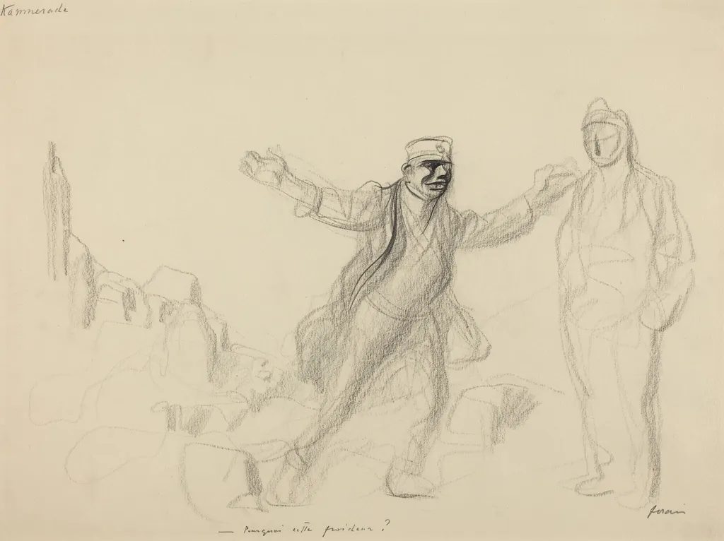 a) Kammerade. Porquoi cette froideur? (recto); b) Study for German Figure (verso), by Jean-Louis Forain, crayon, 1916