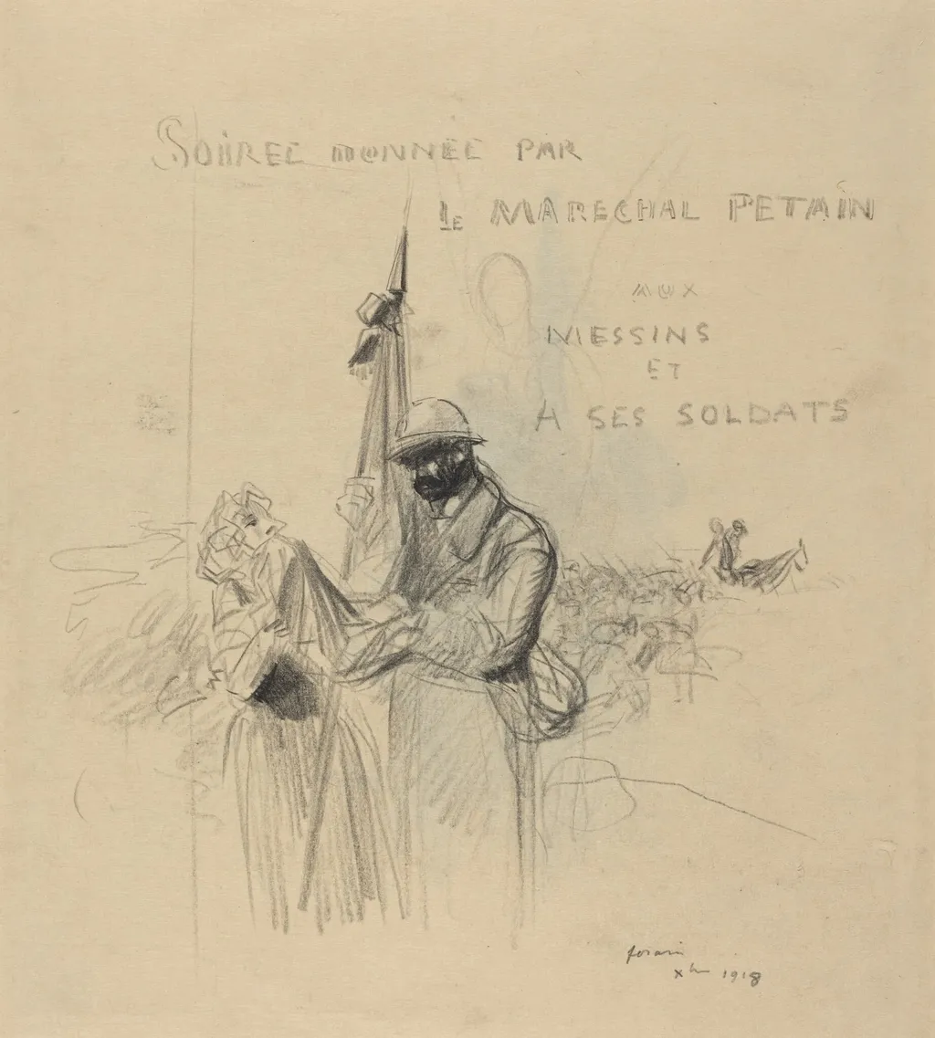 a) Le baiser du drapeau (recto); b) Study of Le baiser du drapeau (verso), by Jean-Louis Forain, crayon, 1918