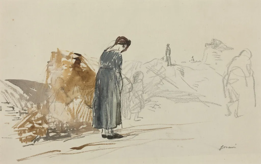 a) Les Allemandes sont partis (recto); b) Sketch of a Man (verso), by Jean-Louis Forain, watercolor, 1916