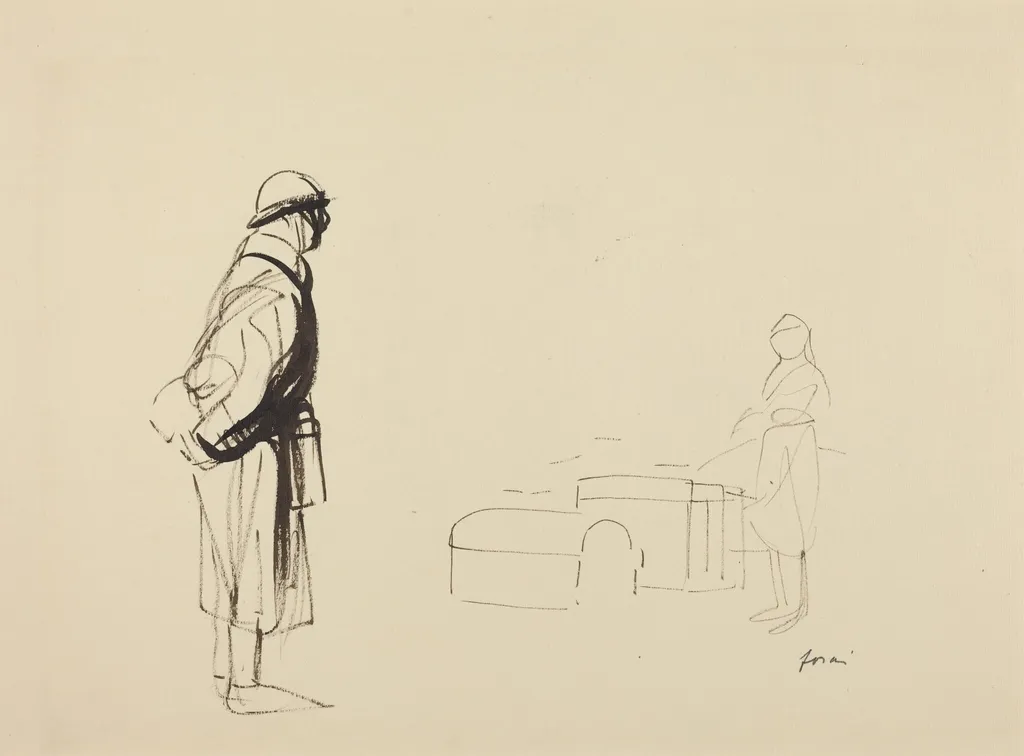 a) Poilu and Nurse (recto); b) Sketch for the Poilu (verso), by Jean-Louis Forain, ink, 1916