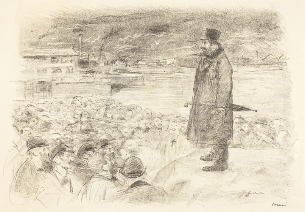 a) Scène de grève (3e planche) (Scene of a Strike) (third plate) (recto); b) Untitled (verso), by Jean-Louis Forain, crayon, 1897