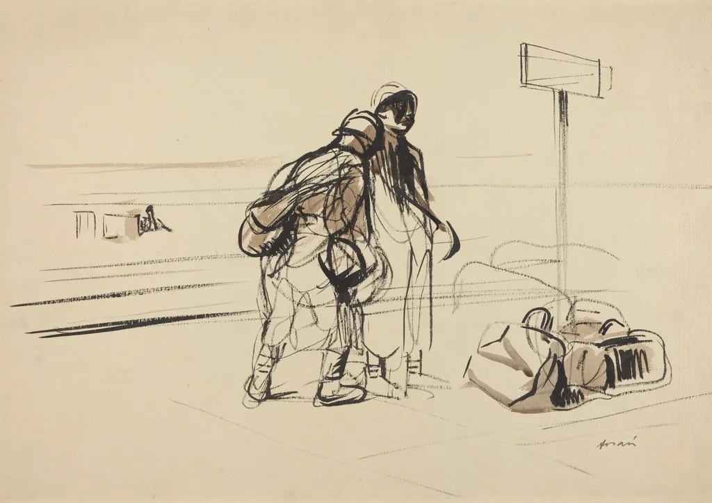 a) Two French Soldiers near a Notice Board (recto); b) Nursemaid and Children with Horse or Donkey (verso), by Jean-Louis Forain, ink, 1916